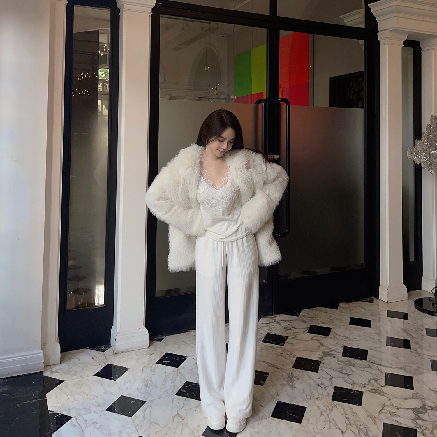 nicky 白色小香风环保皮草外套女秋冬2022新款短款韩国厚保暖百搭