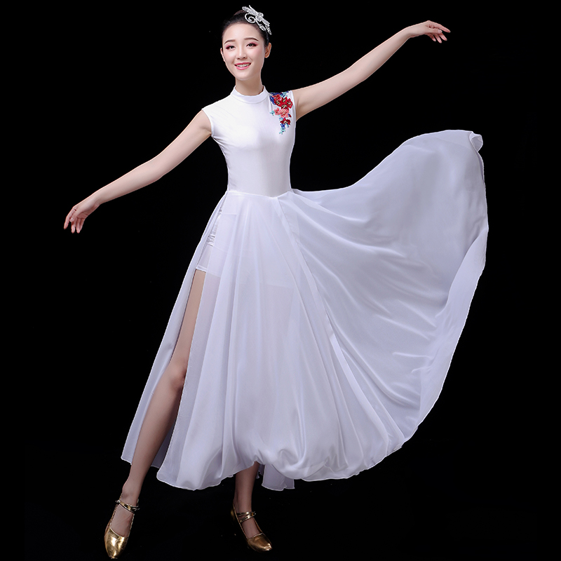 古典舞蹈服女飘逸中国风淡雅白色长裙成人合唱服现代舞伴舞演出服