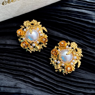 珍珠雕花花朵vintage耳夹复古金色夸张中世纪优雅耳饰无耳洞佩戴