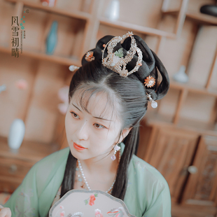 风雪初晴原创金色唐制汉服发冠古风束发女古代头饰发簪一套尚遥