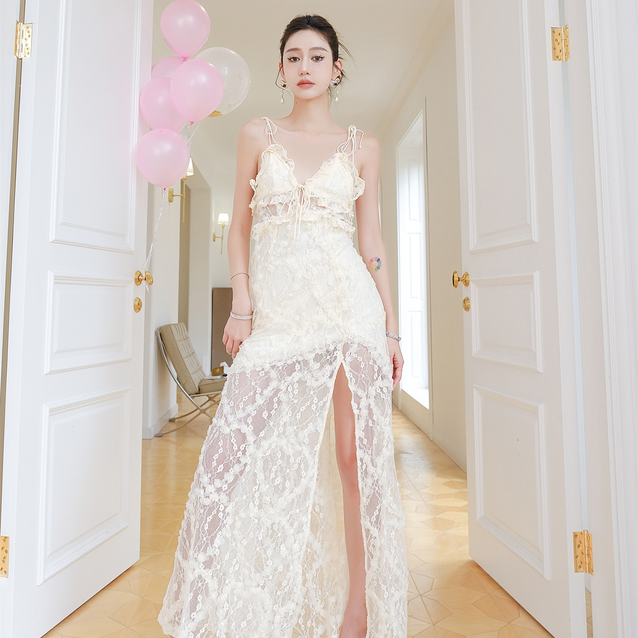 现货For Love and Lemons2R春夏鹅黄色浪漫吊带长裙沙滩裙