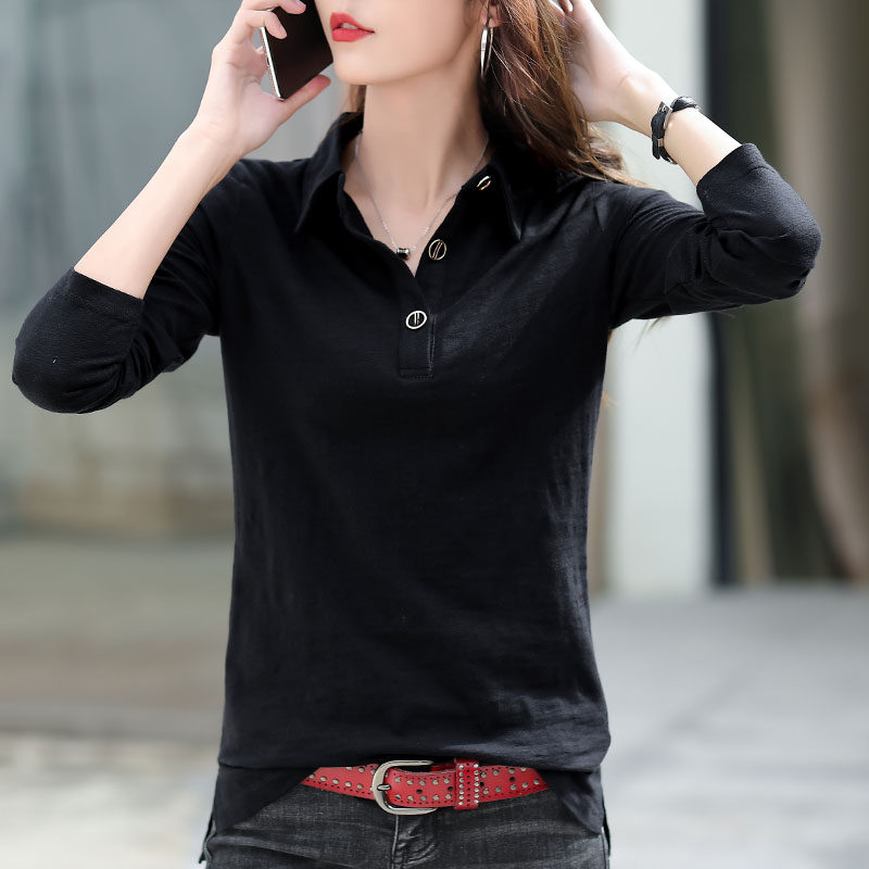 黑色长袖t恤女翻领2022年新款秋冬纯棉polo领打底衫春秋带领上衣