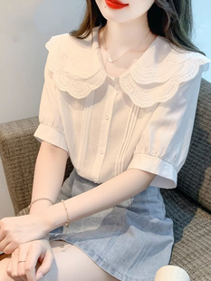 白色短袖衬衫女夏季2024新款法式宽松气质娃娃领设计感小众上衣潮