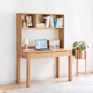 全实木书桌书架一体纯红橡木简约写字台北欧书房家用办公原木桌子