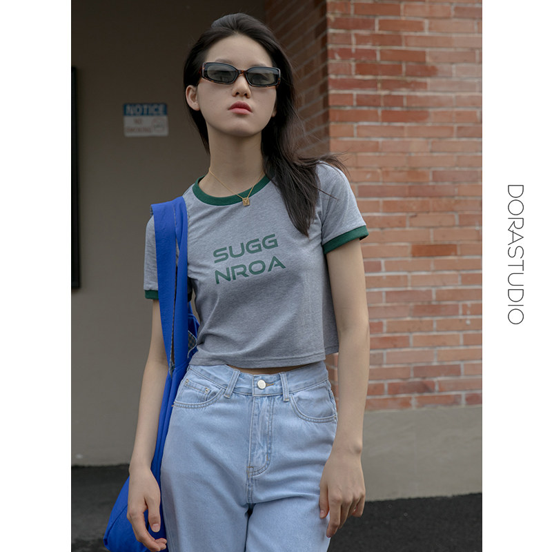 自制suggnroa原创撞色字母t恤情侣款宽松显瘦短袖短款上衣圆领