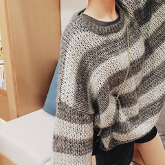 2016冬季新款韩版圆领宽条纹针织衫宽松显瘦套头保暖毛衣女潮
