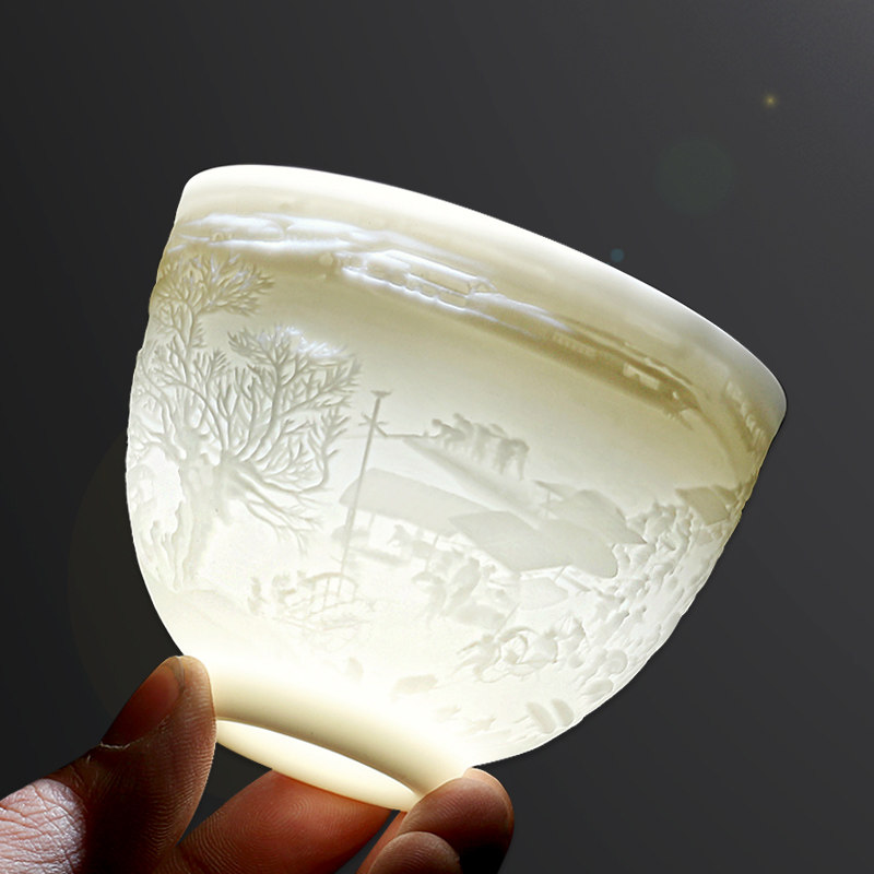 羊脂玉白瓷茶杯陶瓷品茗主人杯心经单杯影雕功夫茶具茶碗大号茶盏