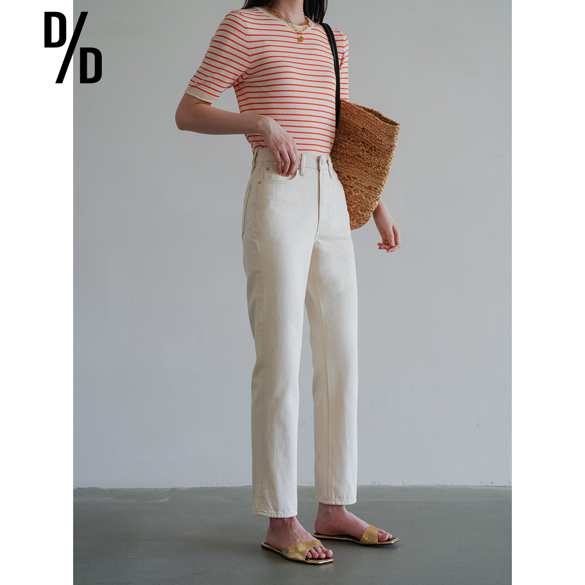 d/d 立体剪裁版型王 法棍裤白色高腰牛仔裤女宽松直筒锁边九分裤