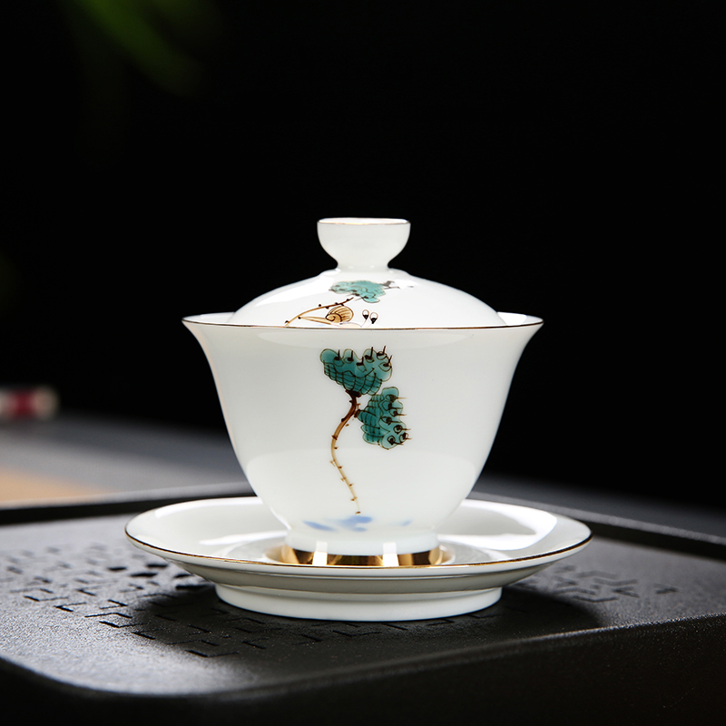 手绘盖碗陶瓷功夫茶具家用大号茶杯