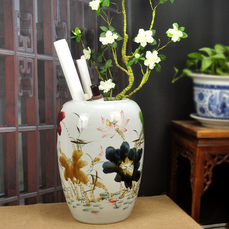 景德镇陶瓷书画缸大号青花瓷卷轴缸箭筒字画笛箫收纳客厅书房摆件