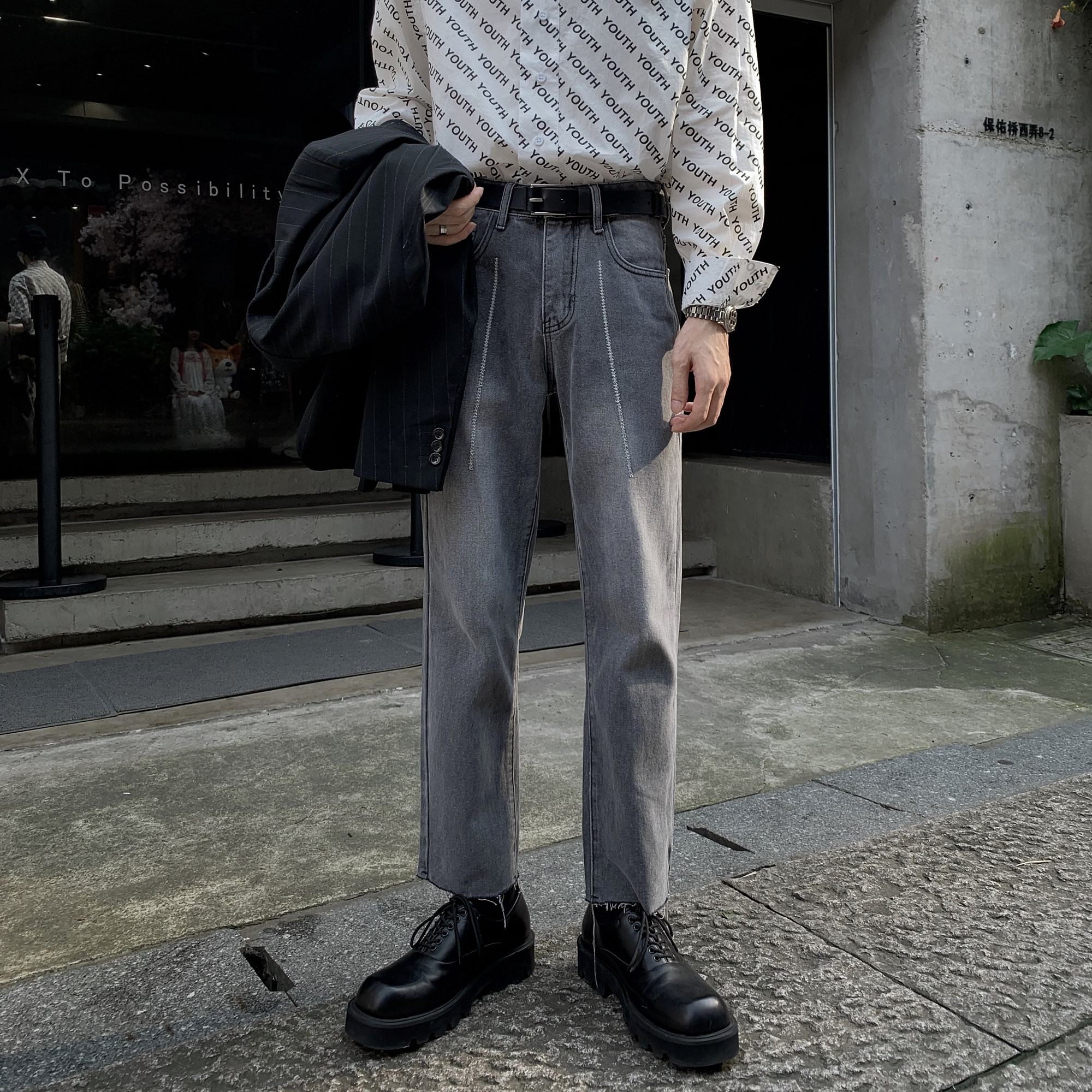 秋季牛仔裤男高腰显瘦