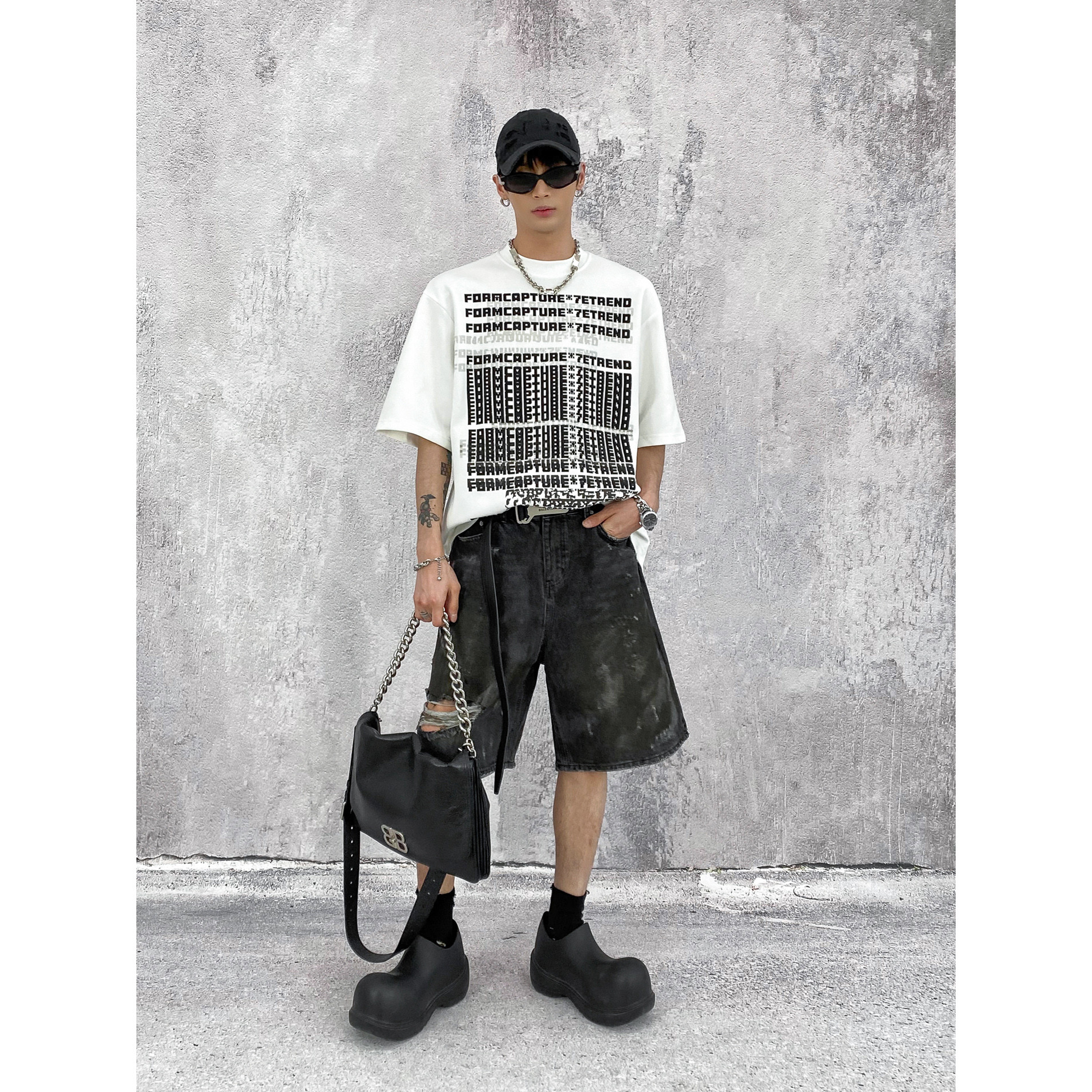 HOZI 短袖T恤男夏季新款设计感小众宽松百搭重叠字母印花半袖上衣