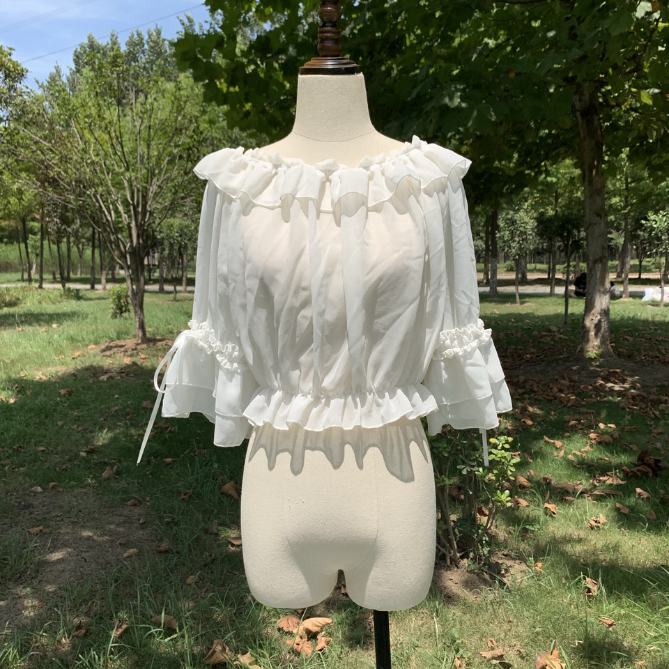 一折挂脖一字领衬衫_原创设计洛丽塔日常雪纺姬袖上衣lolita内搭可爱