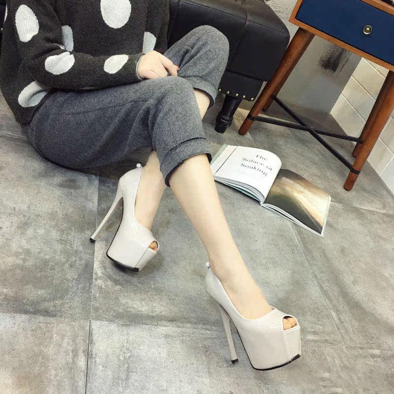 高跟鞋细16cm_性感恨天高细高跟鱼嘴单鞋16cm公分超高跟韩版夜店公主