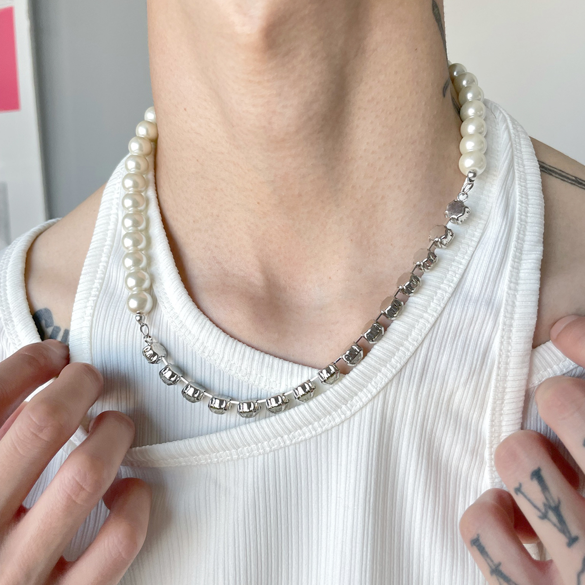 个性_子上男装 日韩情侣小众设计高级感ins潮流个性锁骨烫钻珍珠项链