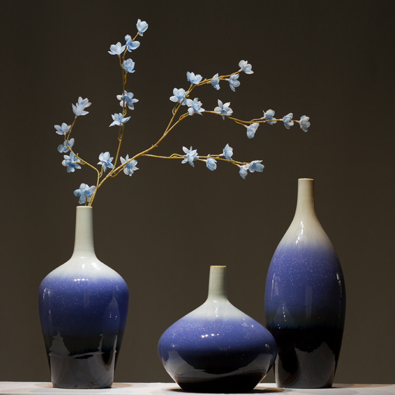 现代中式轻奢蓝色花瓶客厅艺术摆件电视柜角几插花花器家居装饰品
