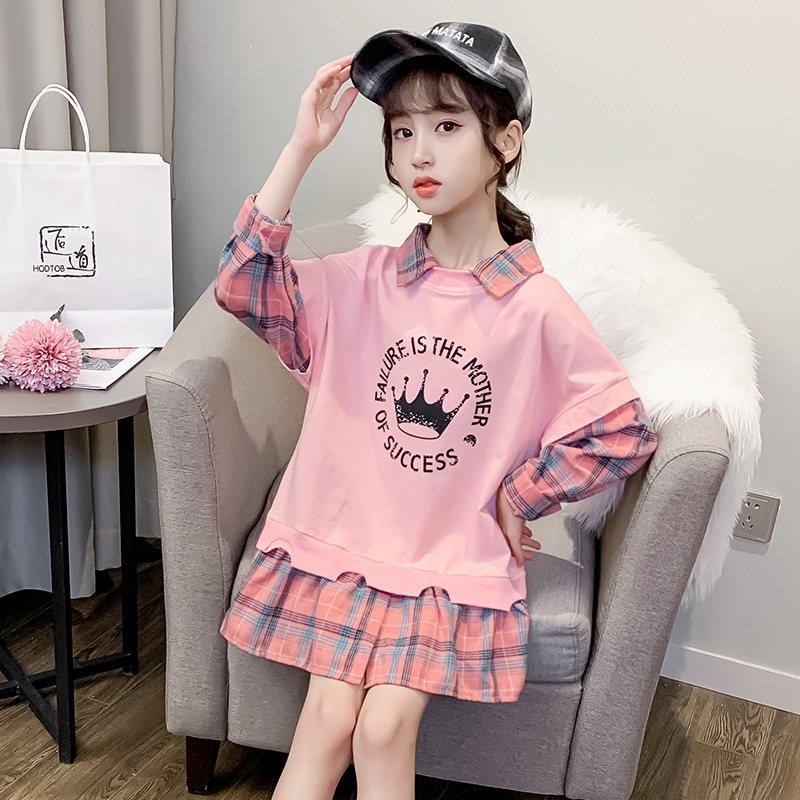 2022秋装新款韩版女童假两件卫衣格子翻领套头衫网红时尚潮品童装|ruв категории Детская одежда, свитер/свитер - от Buy2taobao.com для оказания профессиональной услуги покупки агента Taobao