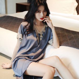 韩版睡裙女夏季凉感冰丝短袖真丝性感蕾丝春秋薄款丝绸中长款睡衣