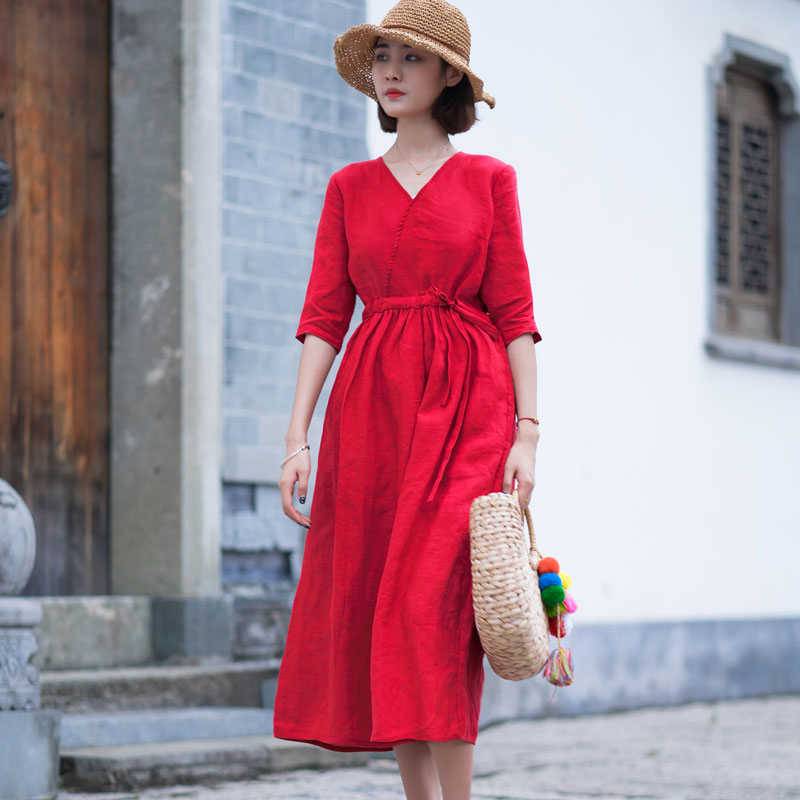 2021新款夏季旅拍亚麻连衣裙棉麻文艺宽松高腰红色腰带长款裙子