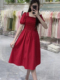 方领连衣裙夏季新款收腰显瘦减龄法式气质今年流行红色珍珠裙子潮