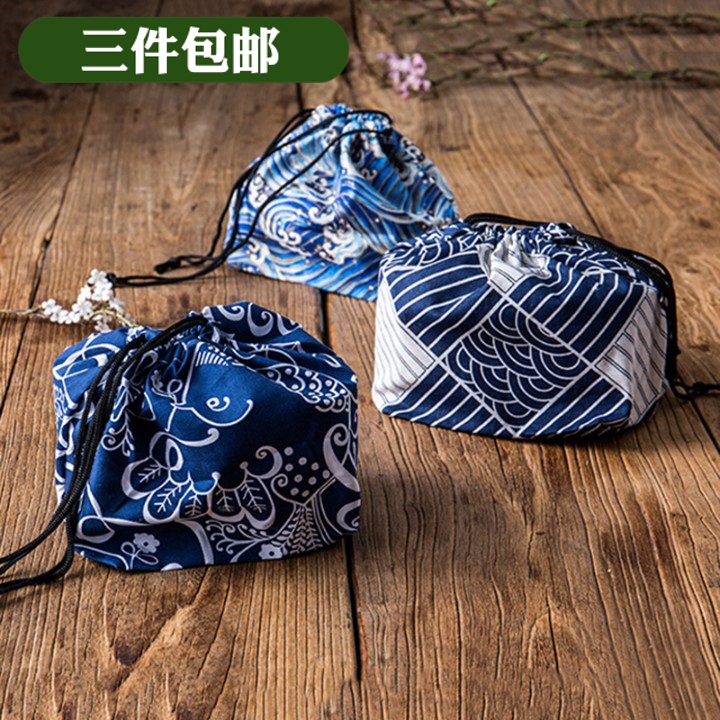 日式格子便当包束绳袋麻棉收纳布袋抽绳束口袋饭盒袋和风提袋便携