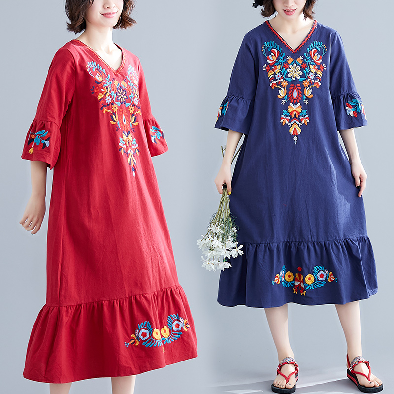 Show thin Retro literature Cotton and hemp Dress Long section knee temperament Embroidery Long skirts Easy Mori girlin the Women's clothing/Boutique , Large size women category - from Buy2taobao.com to provide professional Taobao agent buy service