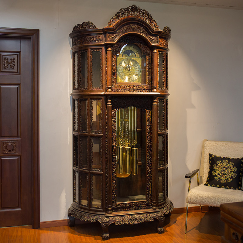 二十世纪小叶紫檀西番莲落地钟 欧美实木机械中式座摆钟古典立钟