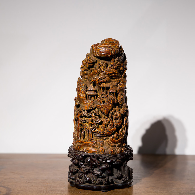 清代竹雕群仙祝寿山子摆件红木座古董收藏文房清供竹雕摆件