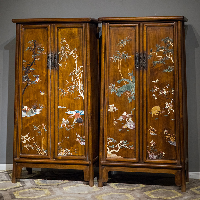 清代红木百宝嵌渔樵耕读圆角柜(一对)明式古典家具收藏红木柜子