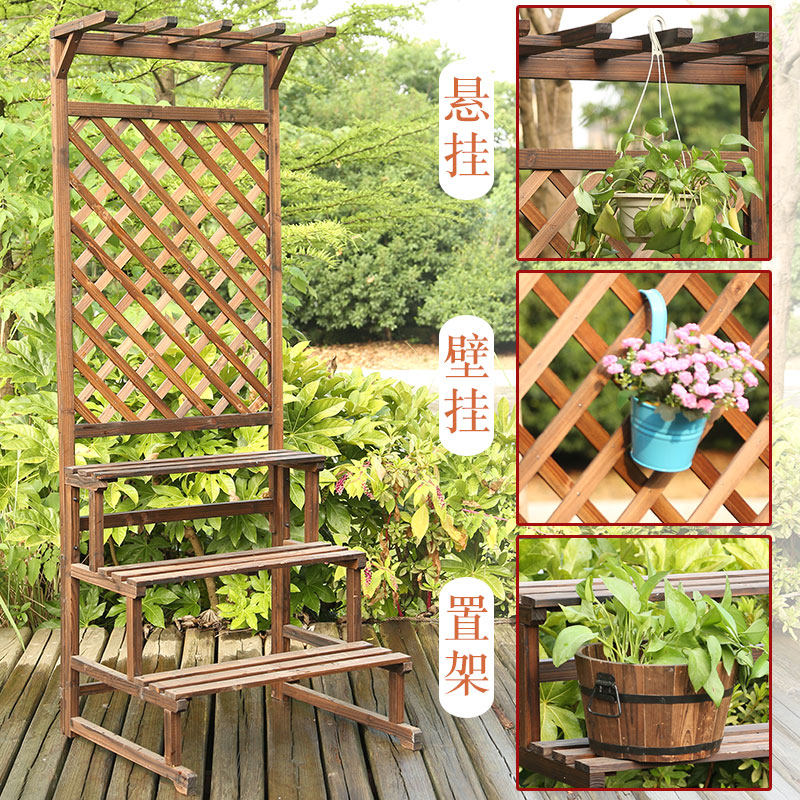 露台院子花墙网格蔷薇月季双喜藤爬藤架阳台挂花悬挂花盆的花架子