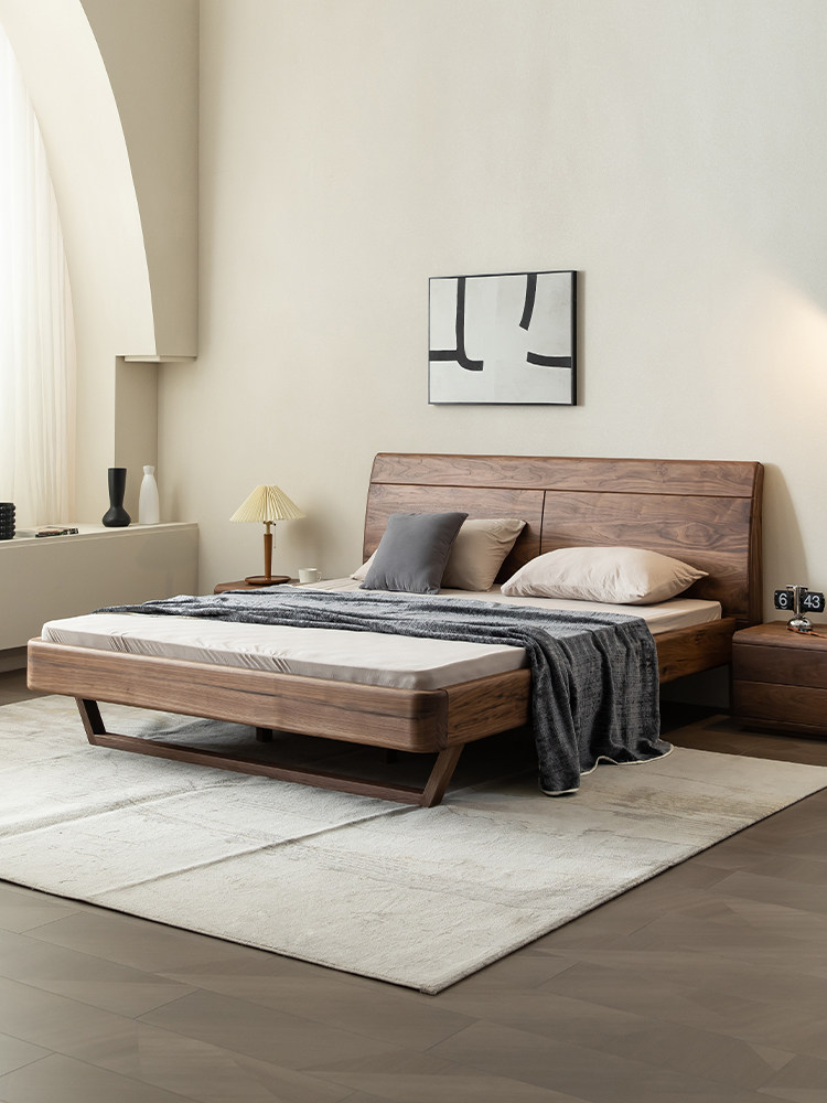 北欧黑胡桃木实木床现代简约1.8米主卧轻奢双人婚床加厚日式悬浮