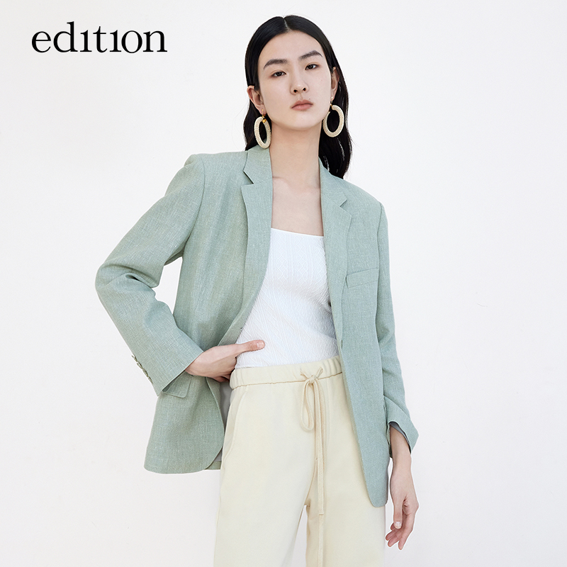 edition麻毛混纺西装外套女2022春新款小众豆绿色西服女绅士西装