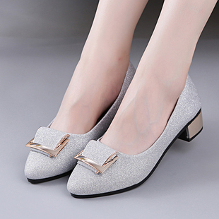 2018春秋单鞋女方跟中跟浅口鞋尖头瓢鞋银色粗跟四季鞋小皮鞋女潮