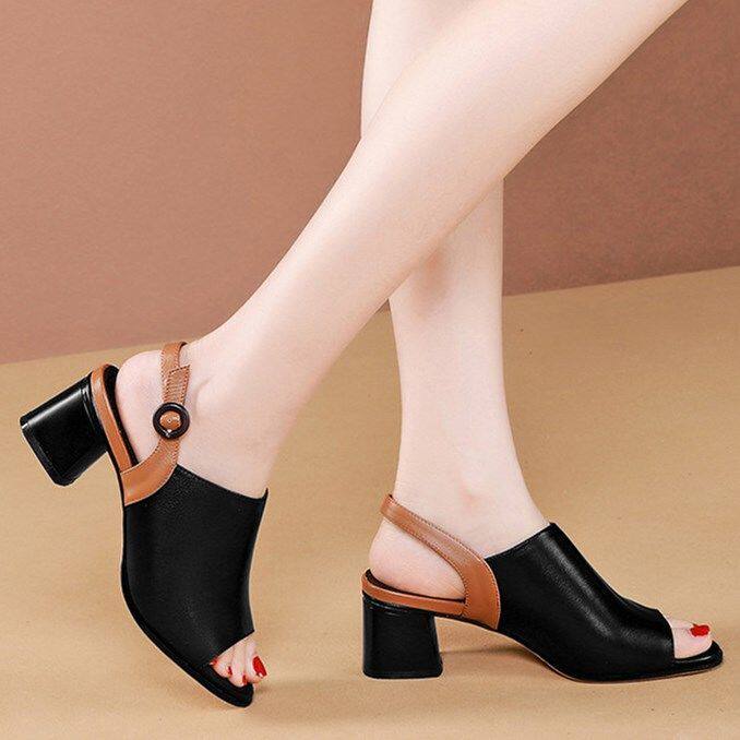 女士凉鞋夏季2021新款时尚真皮鱼嘴