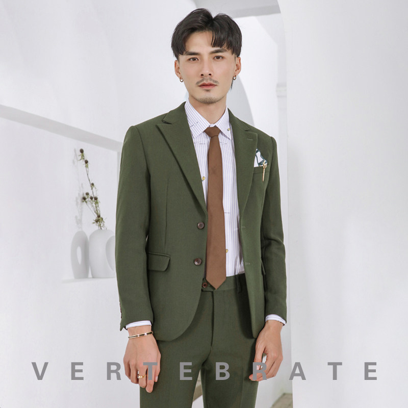 脊椎动物男装时尚休闲橄榄绿西装韩版青年修身英伦风职业帅气西服