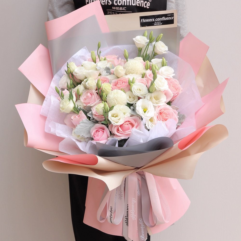 鲜花速递19朵玫瑰洋桔梗韩式花束哈尔滨沈阳长春全国同城生日送花