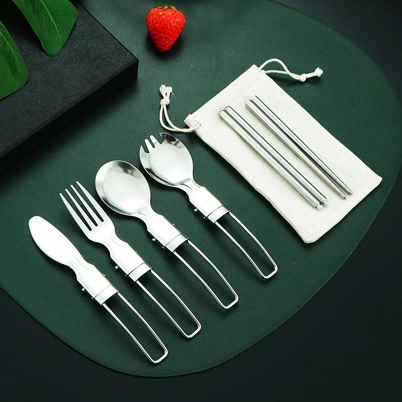 304不锈钢折叠餐具刀叉勺筷子套装户外野餐露营可折叠勺便携餐具