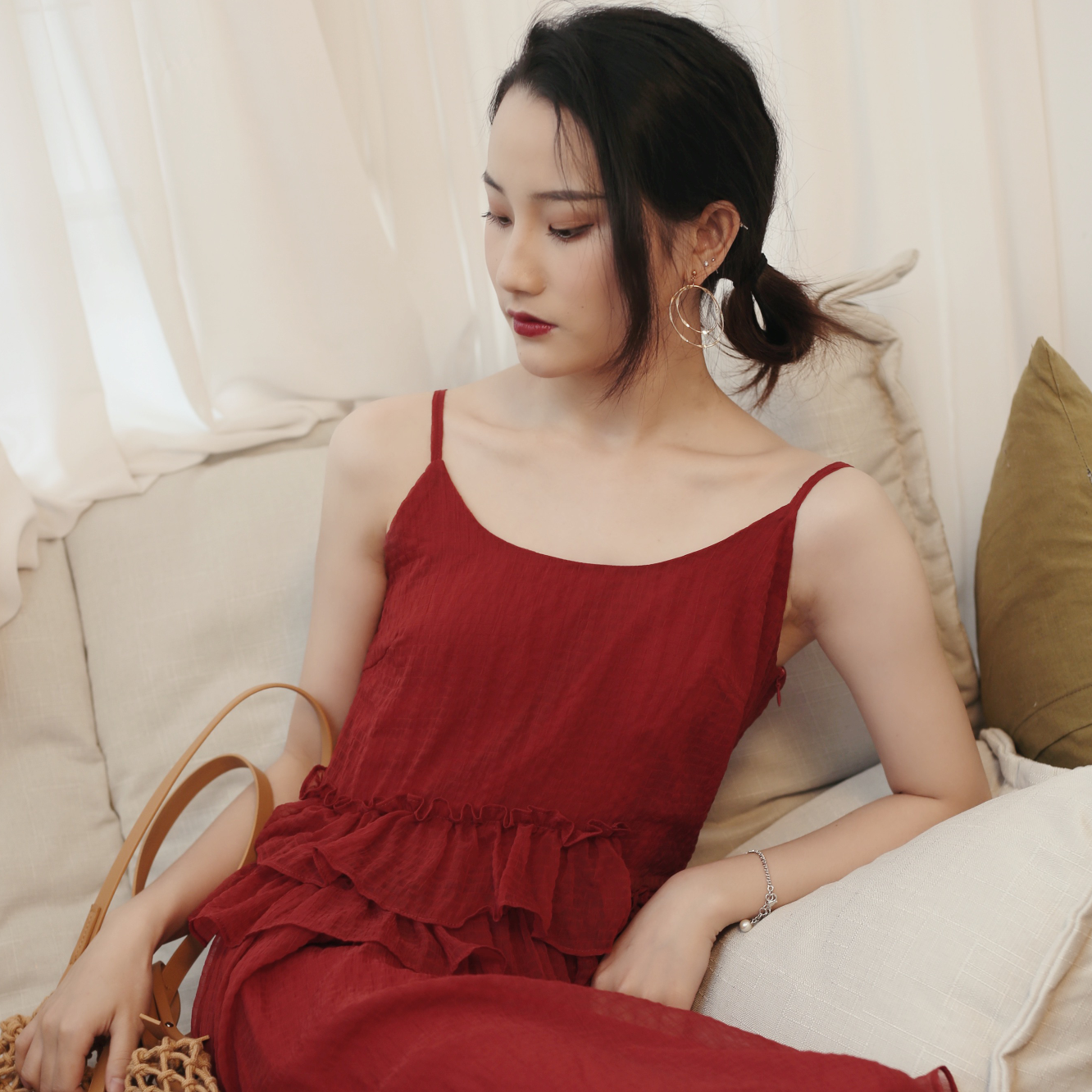 喵吉复古拼接仙女沙滩裙渡假裙大摆红色连衣裙吊带裙长裙纱裙女夏