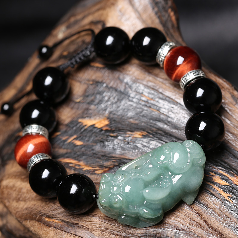 翡翠貔貅手链和田玉玉石貔貅黑曜石男士手串银饰时尚情侣款饰品