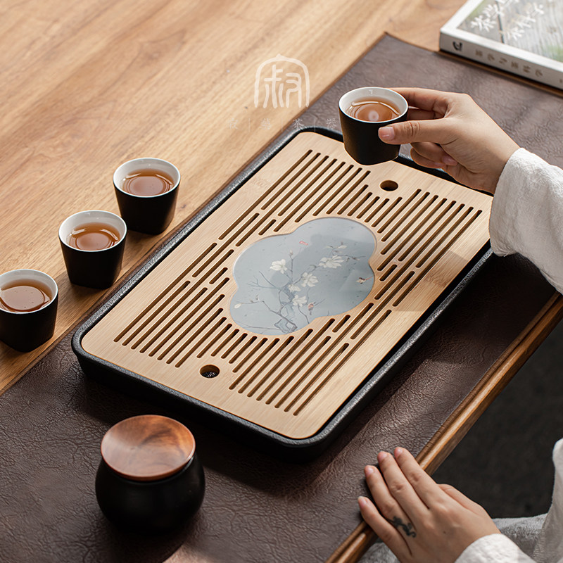 寂艺复古风竹陶结合茶盘干泡盘家用茶室兰花蓄水竹方形托盘小茶台