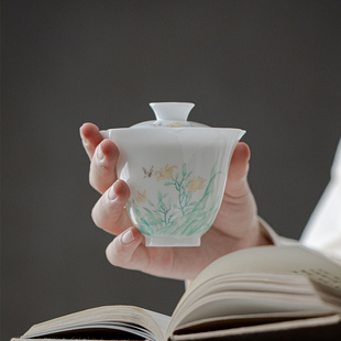 冰种玉瓷手绘满园春色花口盖碗茶杯白单个高档茶具功夫碗盖羊脂玉