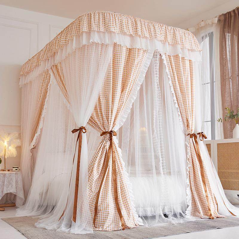 小清新家用u型遮光床帘一体式蚊帐公主风床幔滑轨床帐落地支架杆