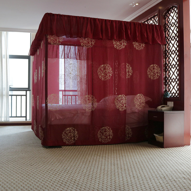 中式仿明清古典风格双月洞架子床白色棉麻绣花整体蚊帐唯美床幔纱