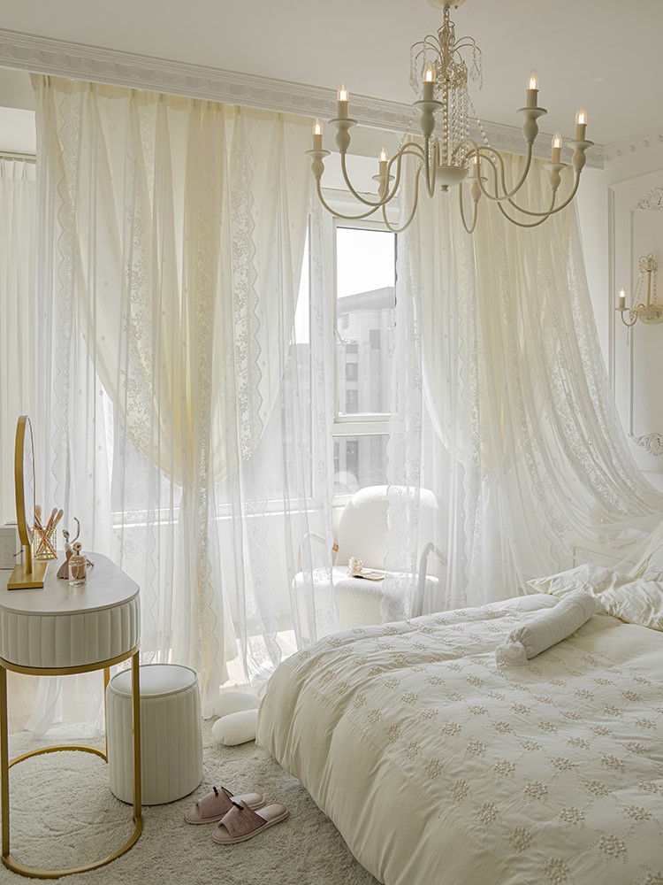法式蕾丝纱帘透光不透人复古洛可可阳台飘窗客厅窗帘白色卧室纱幔
