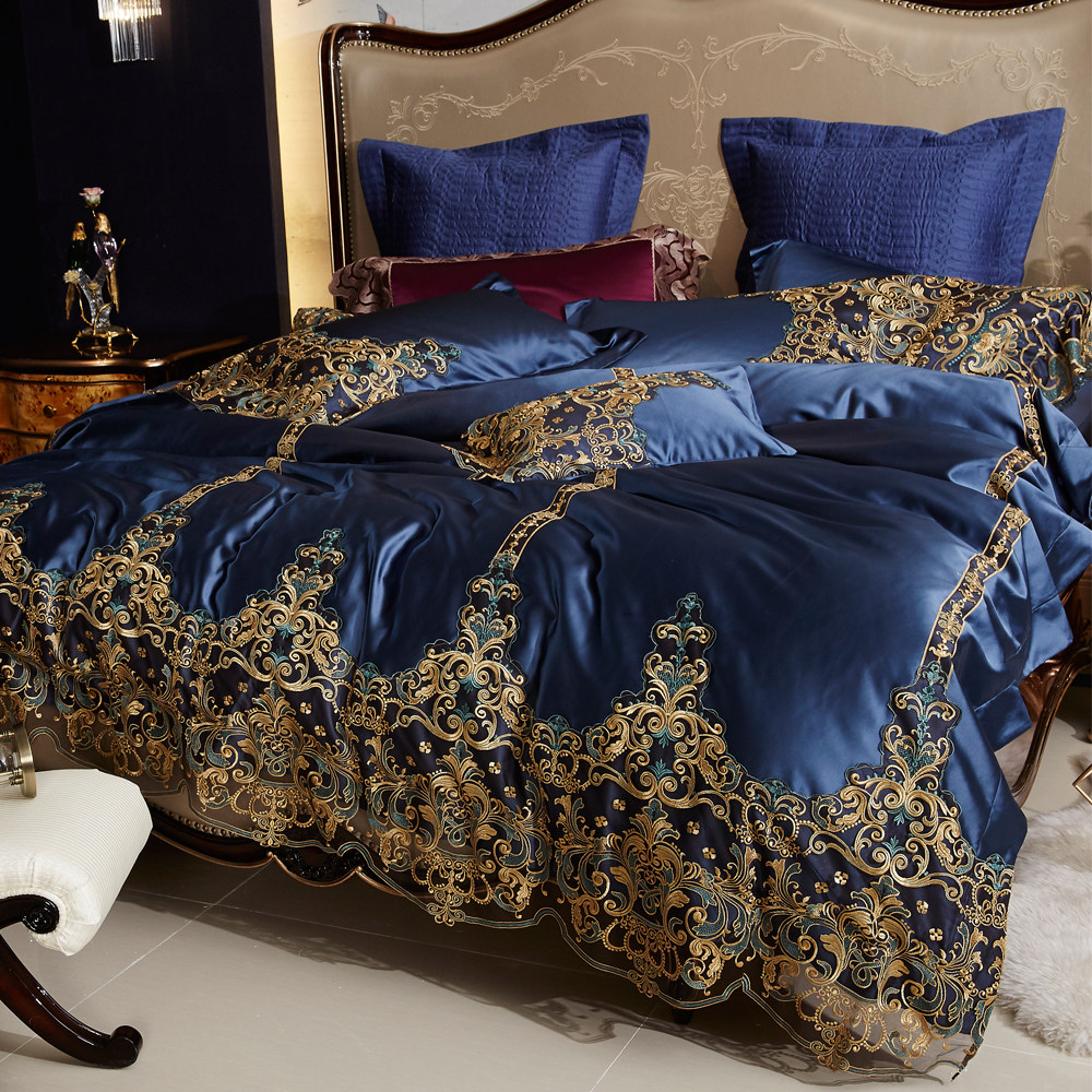 宫廷风轻奢缎面四件套夏季床单欧式高档法式蕾丝高端大气蓝色床品