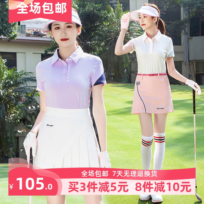 夏季高尔夫服裝 女士短袖T恤POLO衫撞色速干弹力显瘦运动球衣上衣