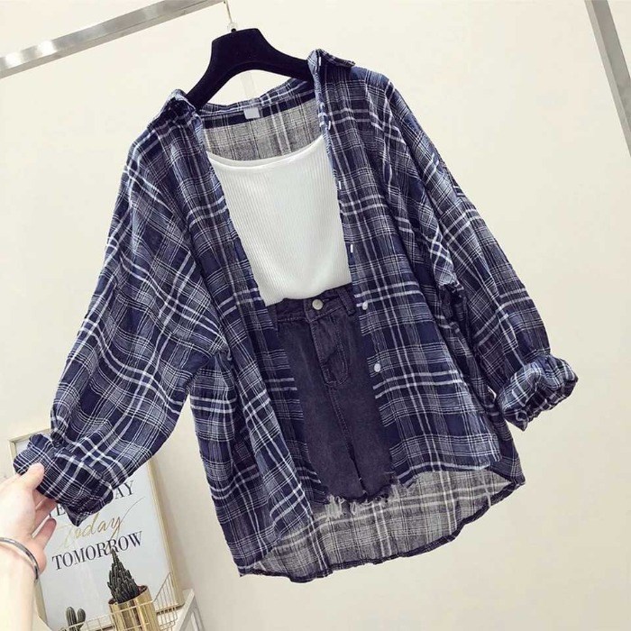Chiffon lattice shirt Summer wear 2018 new pattern Korean Fan Easy Mid length version Sunscreen Cardigan clothes coatin the Women's clothing/Boutique , Shirt category - from Buy2taobao.com to provide professional Taobao agent buy service