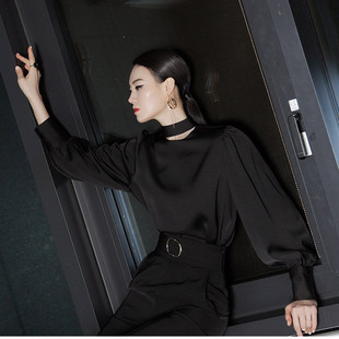 设计感春夏季雪纺衬衫女黑色镂空立领复古质感灯笼袖宽松洋气上衣
