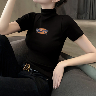 潮牌字母短袖t恤女夏季2024年新款黑色体恤内搭洋气时尚修身上衣