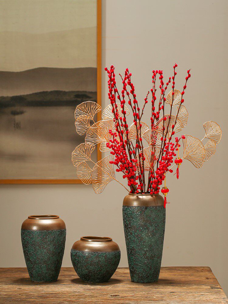 适合插银柳的雪柳腊梅冬青插花干花专用陶瓷复古真花鲜枝花瓶摆件